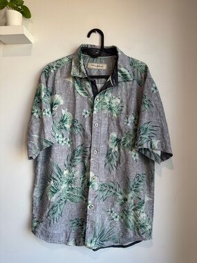 Tommy Bahama Gray Silk Button-Down Shirt with Green Floral Print